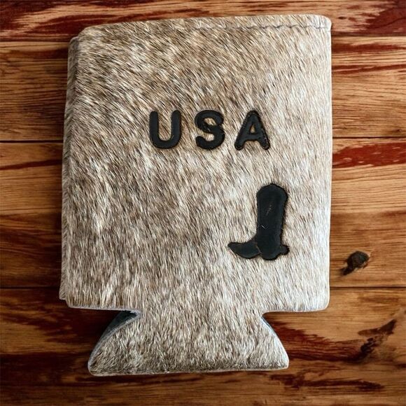 Terra Leather Real Cowhide USA/Cowboy Boot Drinkware Can Koozie Western USA - Picture 1 of 2